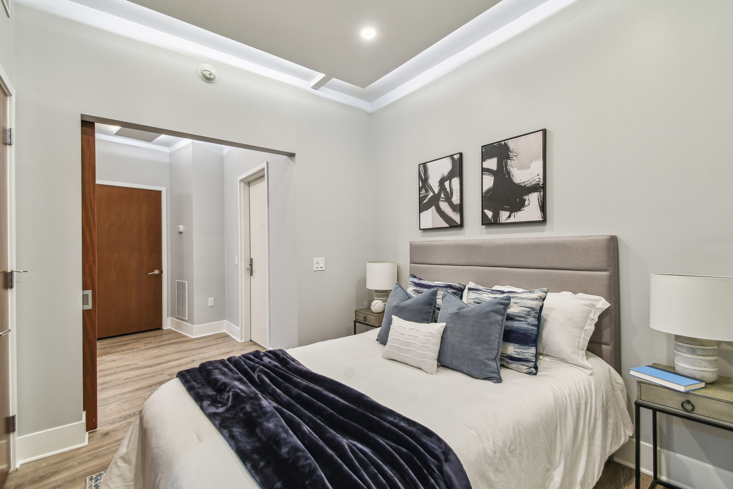 Luxury condo bedroom in The Place in Channel District