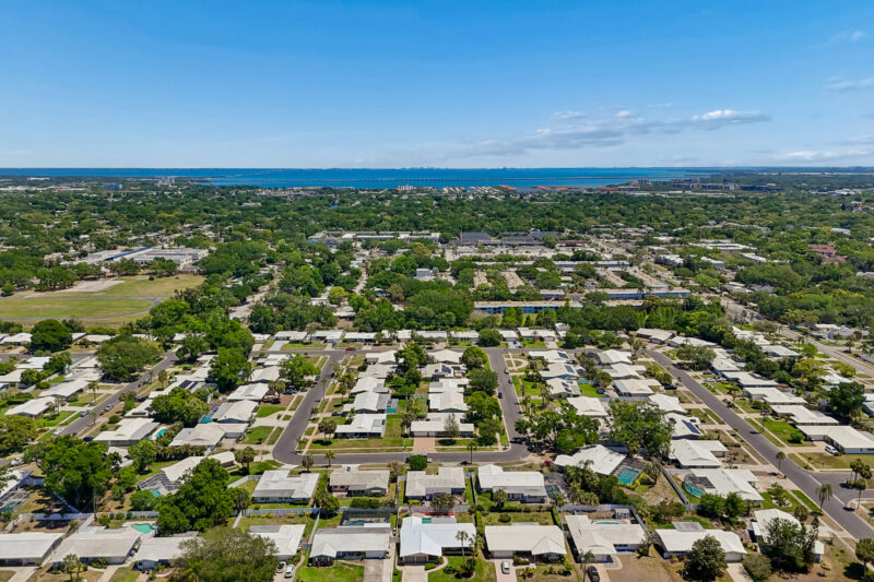 Aerial view of Clearwater Florida home for sale near Gulf Coast beaches